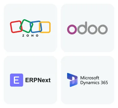 Zoho, Odoo, ERPNext and Microsoft Dynamics 365 logos