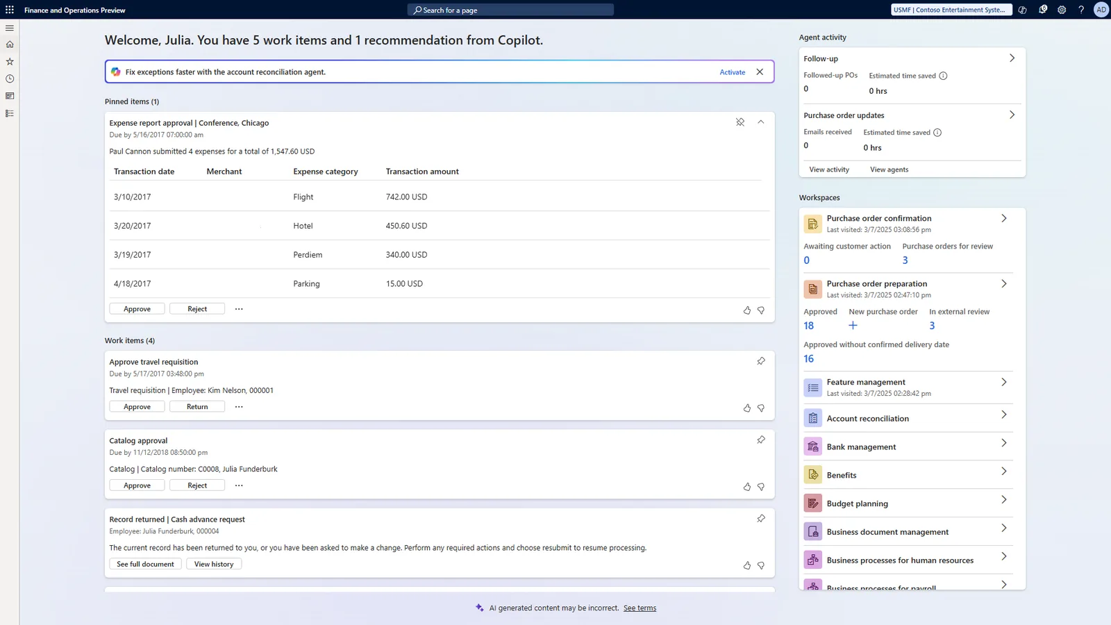 Dynamics 365 Finance immersive home with expense and approval work items - Approval Workflow Software UAE