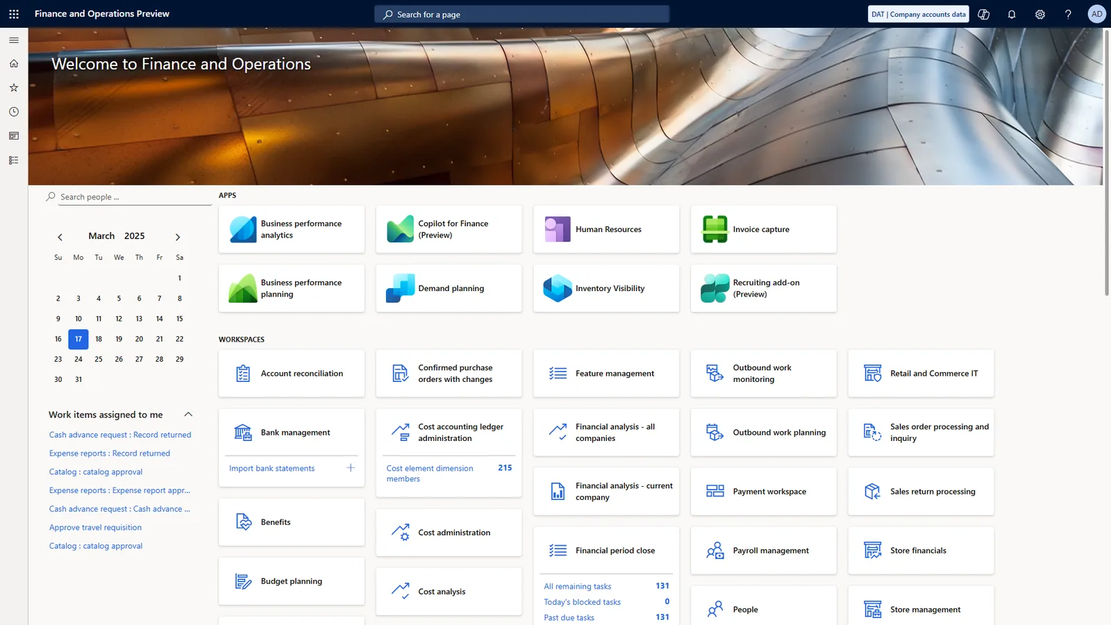 Dynamics 365 Finance and Operations dashboard with workspaces - ERP Migration Services UAE