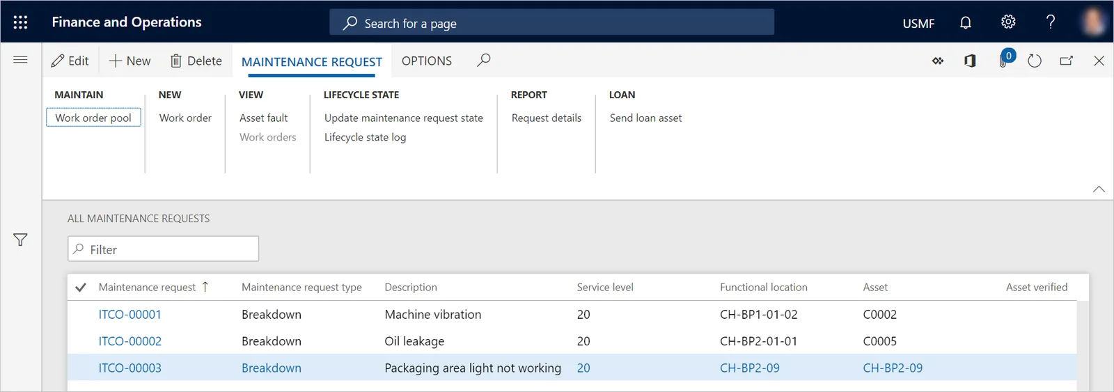 Dynamics 365 Asset Management maintenance requests list - Maintenance Management Software UAE