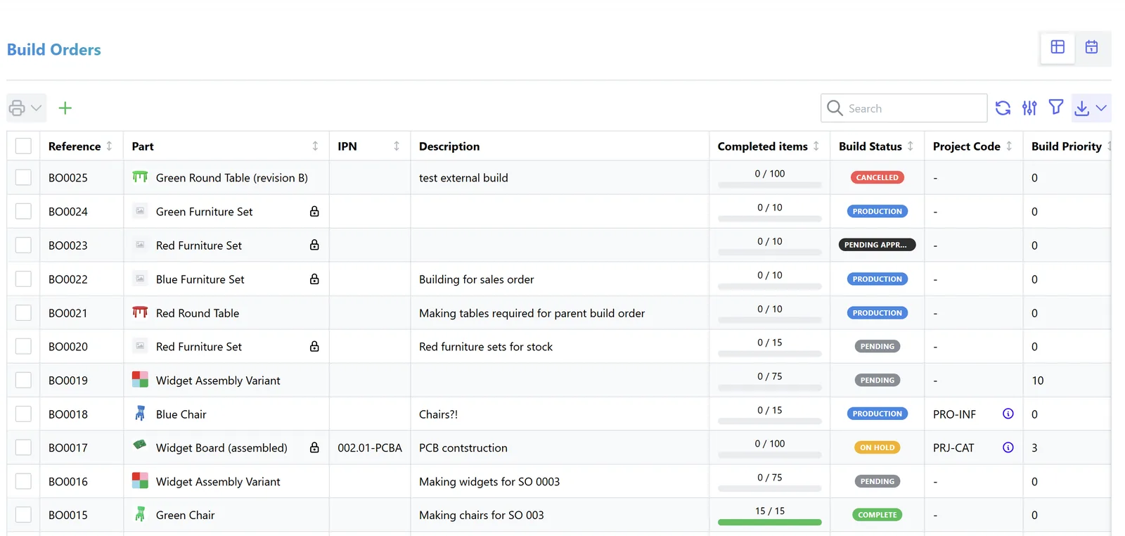 Manufacturing build/work orders list with progress and status (InvenTree) - production dashboard UAE
