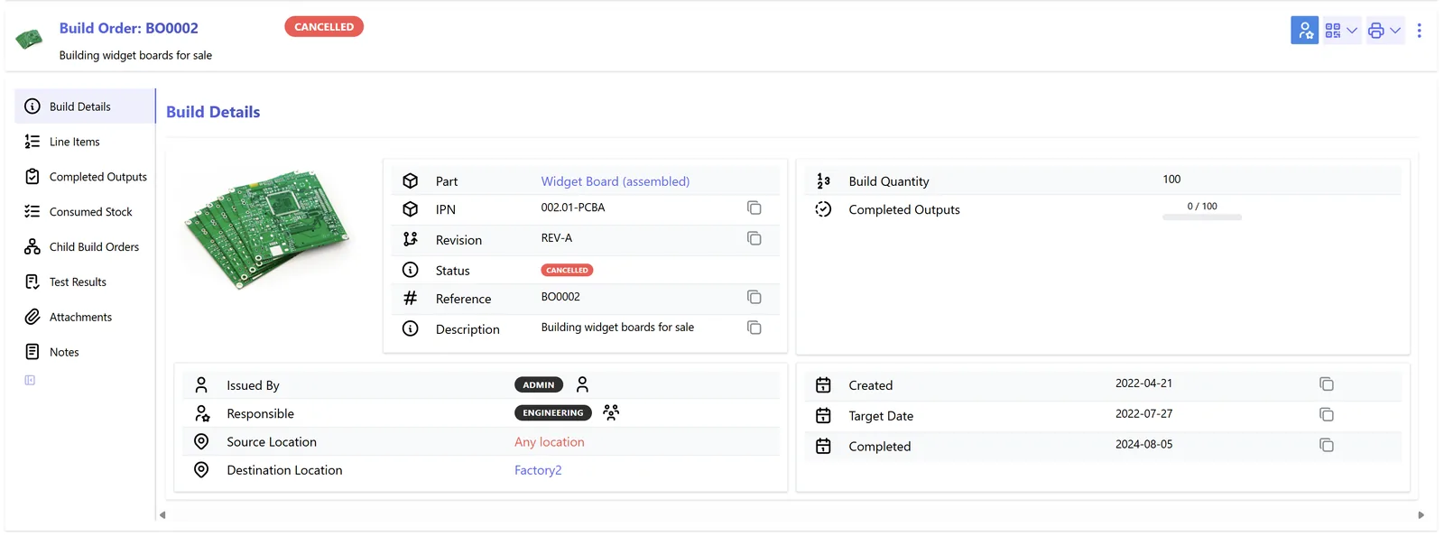 Manufacturing work order detail: part, quantity, locations, dates (InvenTree) - Production Scheduling Software UAE