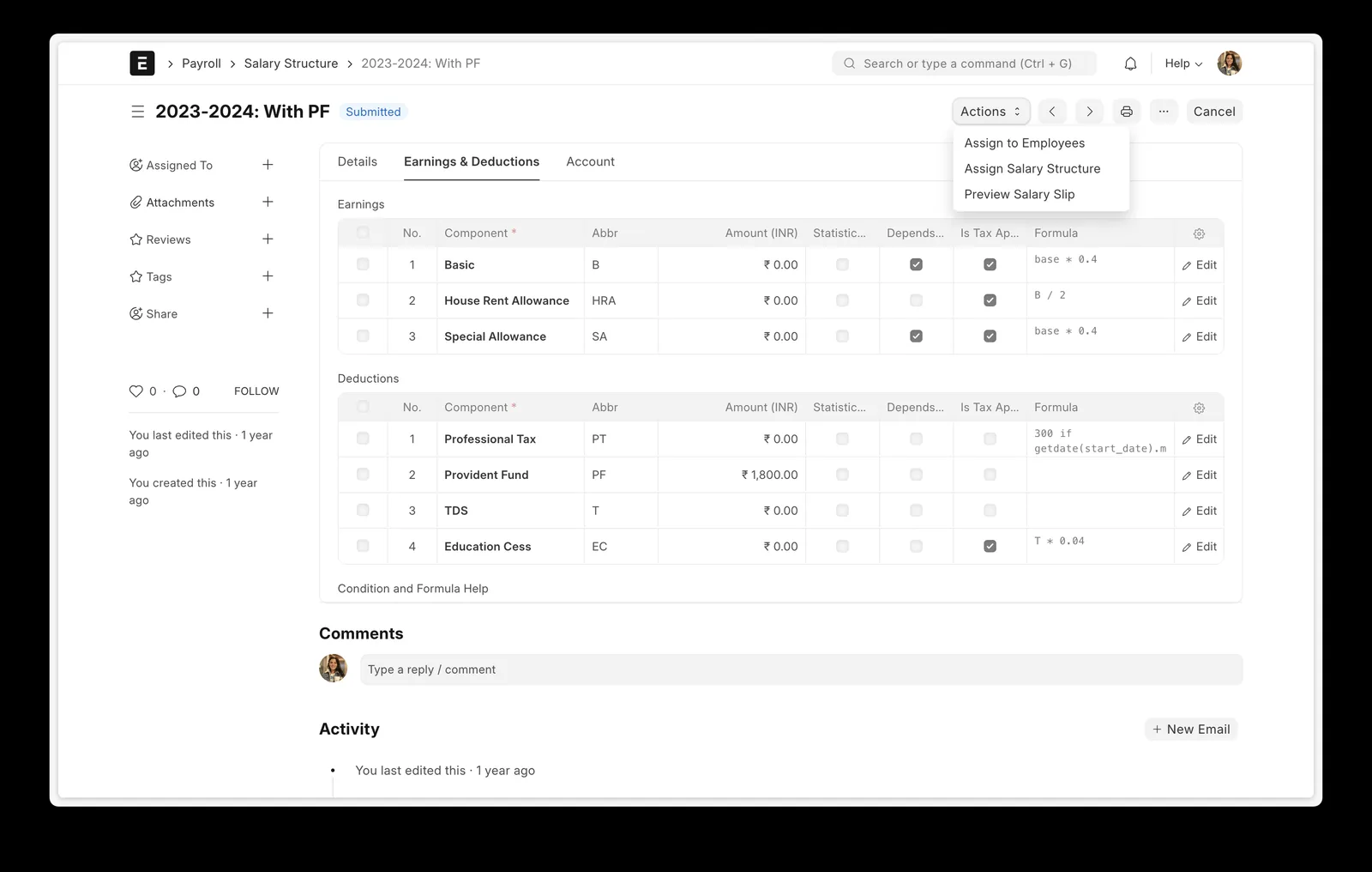 Frappe HR / ERPNext payroll salary structure with earnings and deductions - Payroll Software UAE