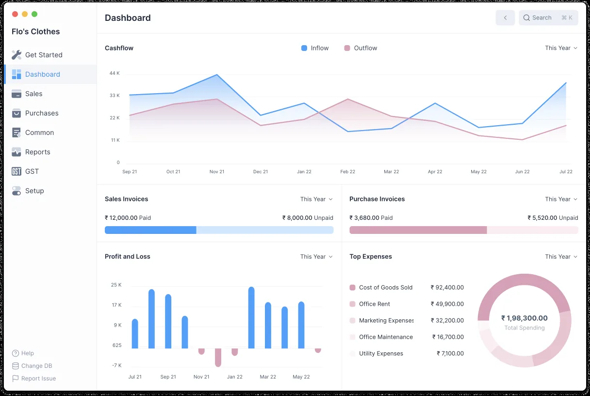 Frappe Books accounting dashboard: cashflow, invoices, profit and loss, expenses - Multi Currency ERP UAE