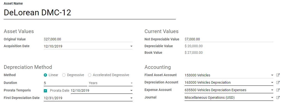 Odoo Accounting fixed asset form with depreciation method and accounts - Odoo for Oil and Gas UAE
