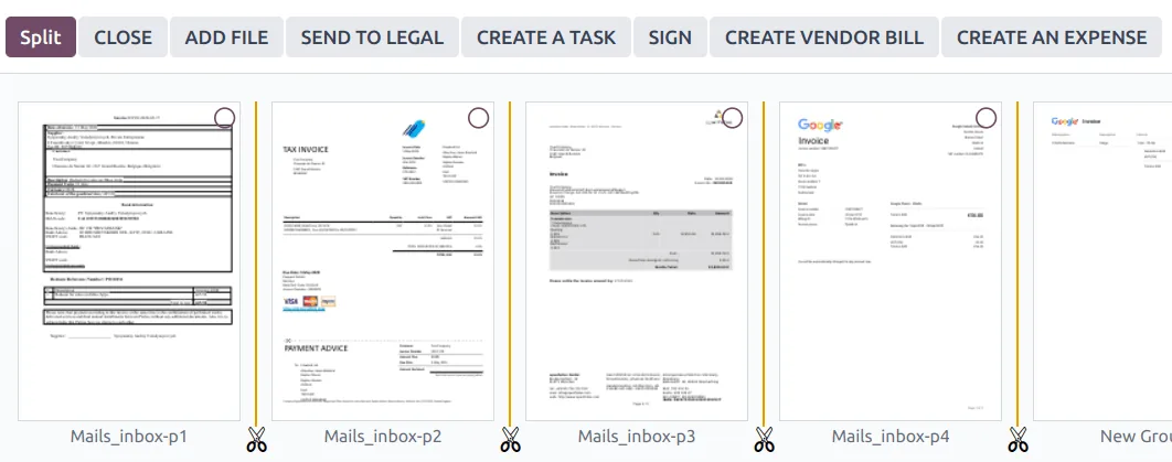 Odoo Documents PDF splitting with actions (vendor bill, expense, sign) - ERP for Legal Firms UAE