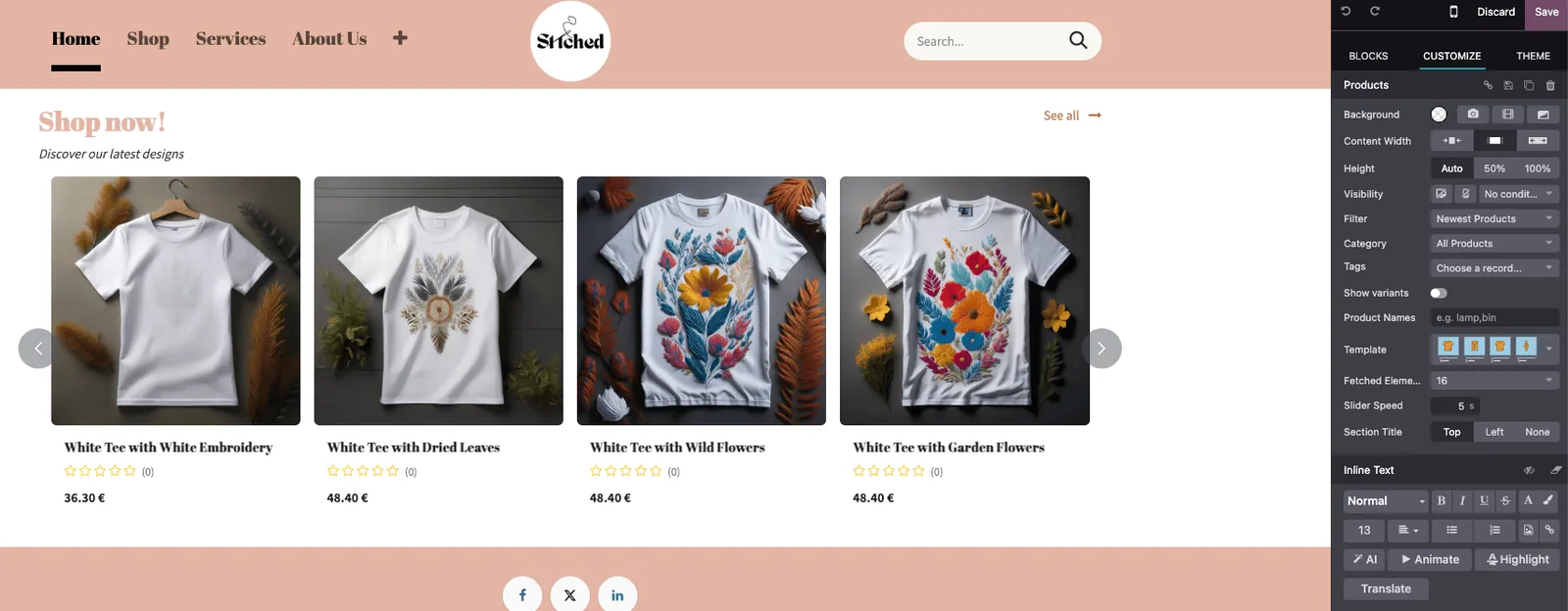 Odoo Website builder editing an online shop products block - Odoo Ecommerce UAE