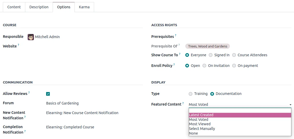 Odoo eLearning course options, access rights and enrollment policy - ERP for Schools UAE