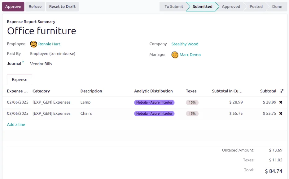 Odoo Expenses report awaiting manager approval - ERP for department accounting UAE