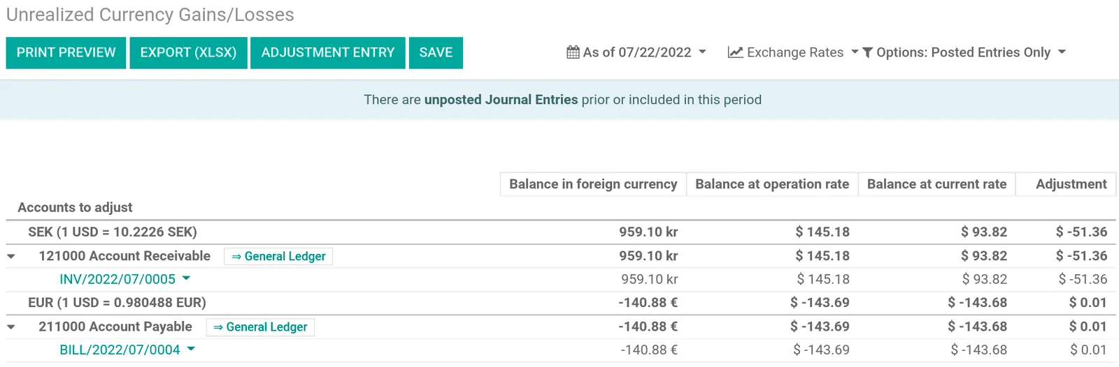 Odoo Accounting unrealized currency gains and losses report - Sage to ERP Migration UAE