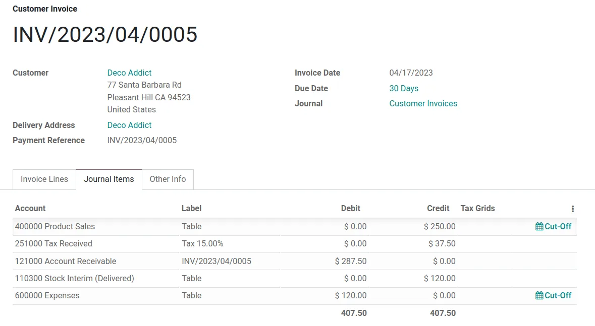 Odoo customer invoice with journal items and tax lines - ERP for Customer Advance Management UAE