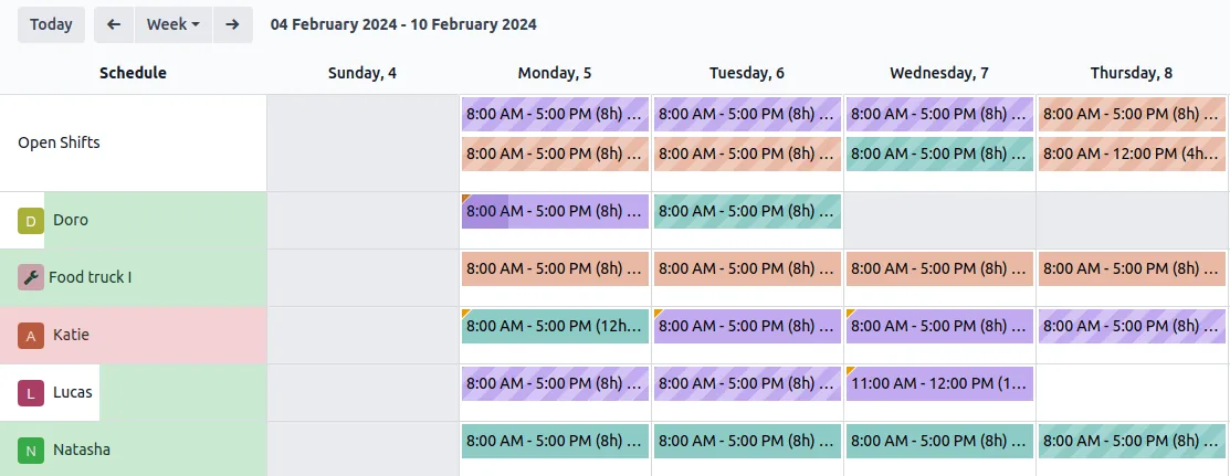 Odoo Planning weekly shift schedule by resource - Attendance Management Software UAE