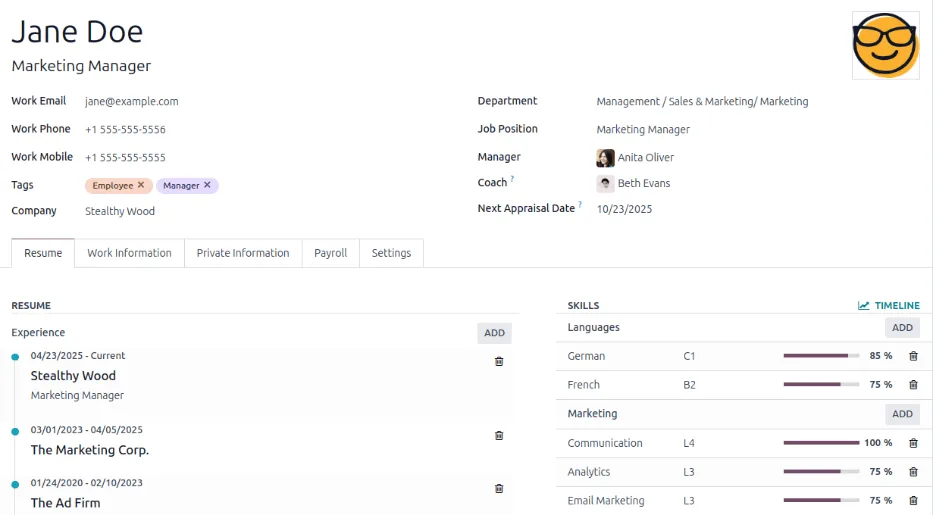 Odoo Employees profile form with resume and skills - HR Software UAE