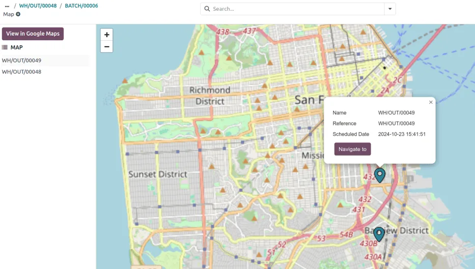 Odoo Inventory delivery dispatch map of outgoing orders - Odoo for Logistics UAE