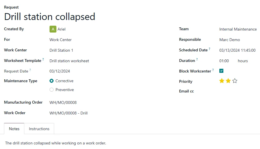Odoo Maintenance corrective request form for a work center - Odoo Maintenance UAE
