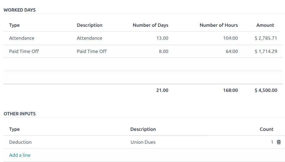 Odoo Payroll payslip worked days and other inputs - leave salary calculation UAE