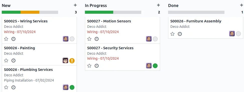 Odoo Project kanban of tasks (wiring, plumbing, painting) by stage - Odoo Development UAE