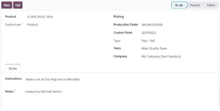 Odoo Quality check form linked to a manufacturing order - ERP for Pharmaceutical Manufacturing UAE