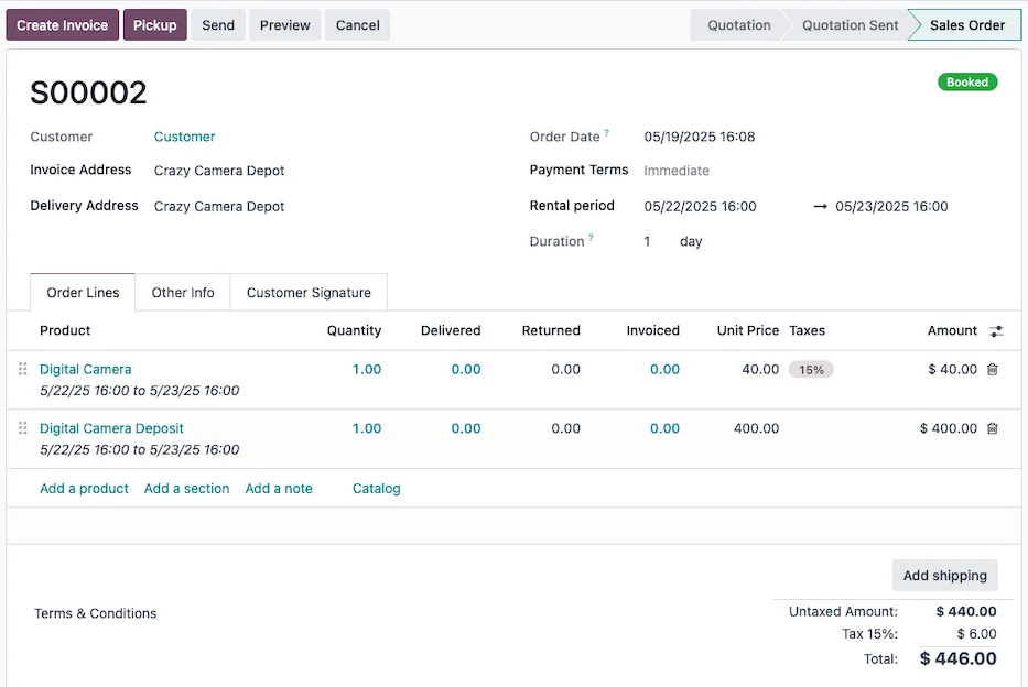 Odoo Rental order with rental period, products and deposit - Odoo Rental UAE
