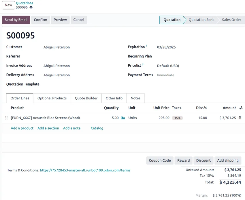 Odoo Sales quotation form with order lines and totals - ERP System UAE
