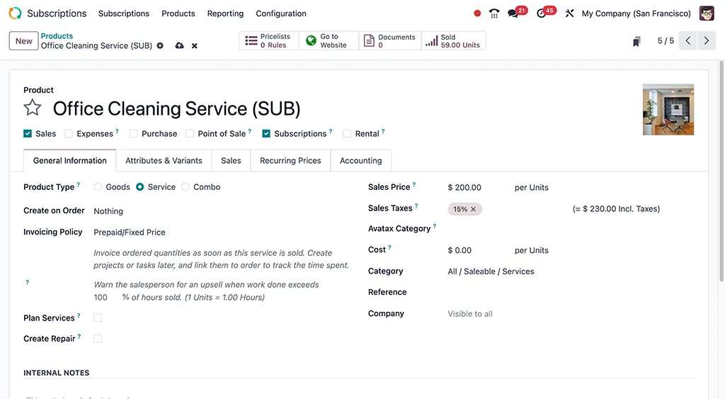 Odoo Subscriptions recurring service product form - ERP Software for Startups UAE