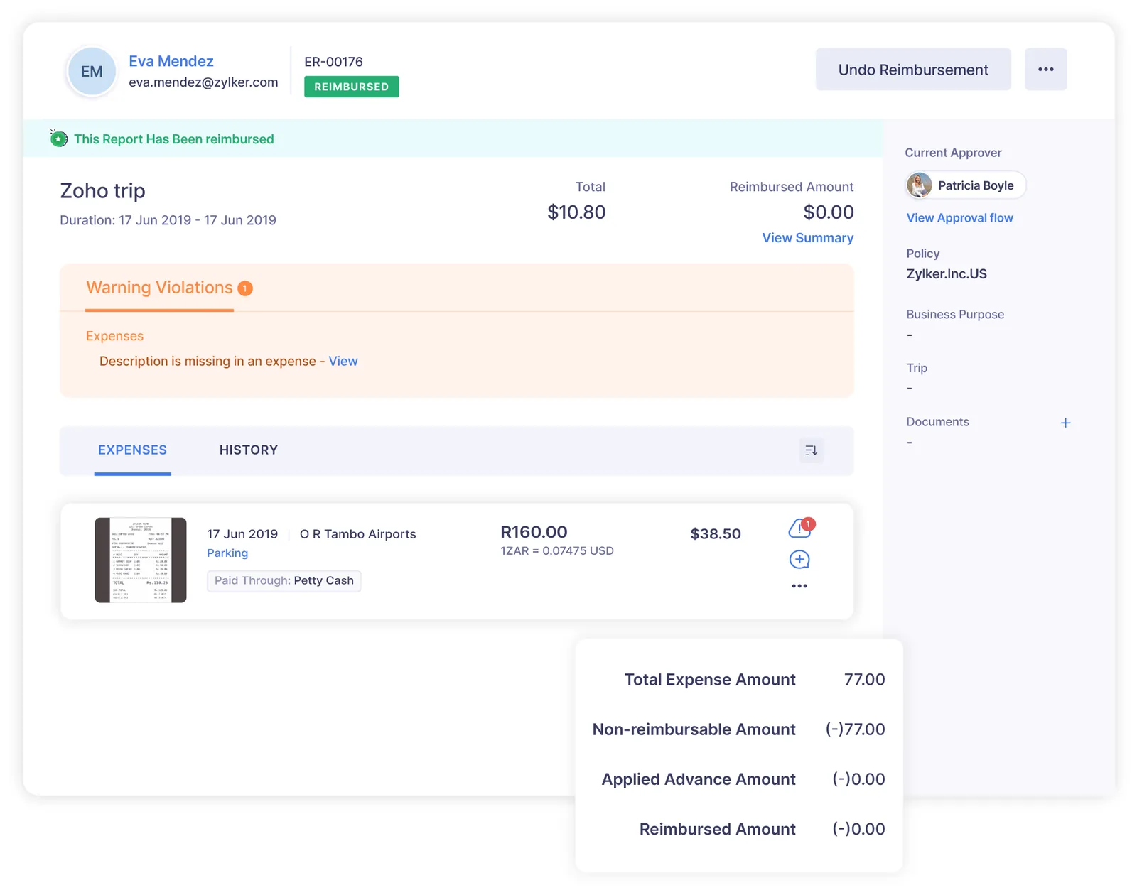 Zoho Expense report with reimbursement and policy violations - Zoho Expense UAE