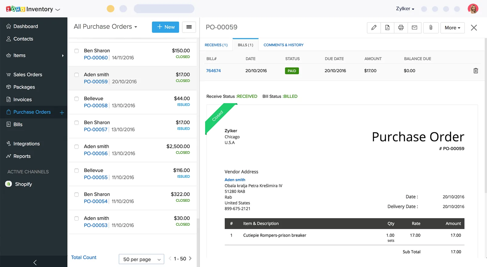 Zoho Inventory purchase orders list and purchase order detail - Zoho Inventory Implementation UAE