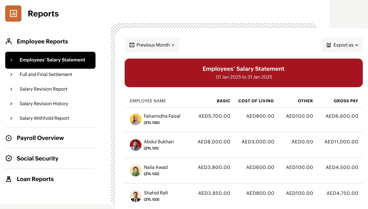 Zoho Payroll employees salary statement report - Zoho Payroll UAE