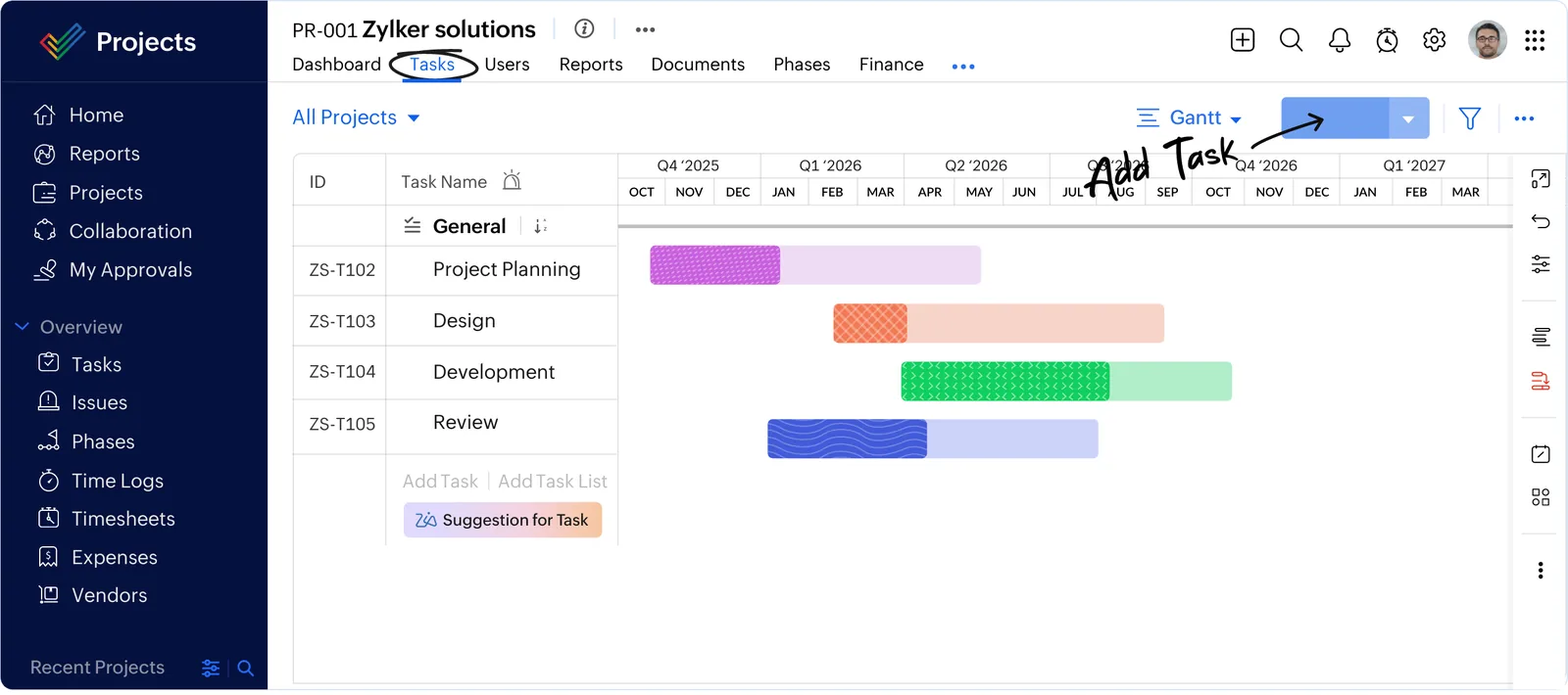 Zoho Projects Gantt chart view of project tasks - Zoho Consulting Company UAE